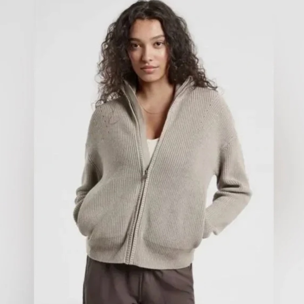 Athleta Escapade Mock Neck Bomber Sweater Bluff Grey Merino Wool Blend